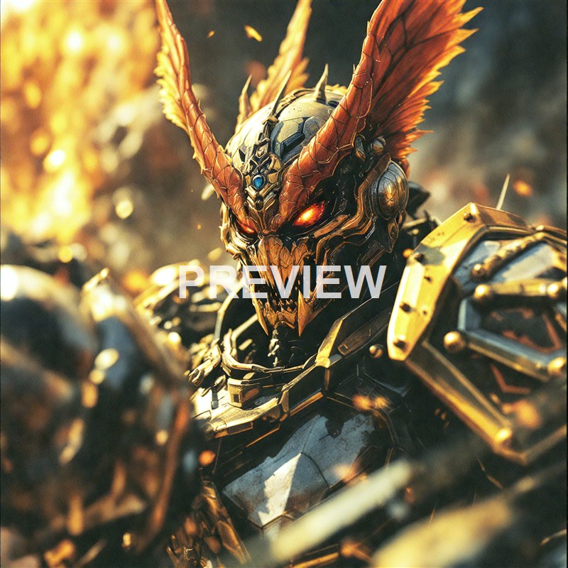 A fierce, robotic creature with a dragon-like face, glowing red eyes, and large, fiery wings in a battle-ready stance amidst a smoky, fiery background.